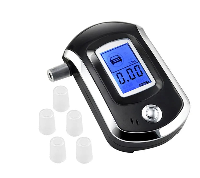 Black portable breath alcohol tester with digital screen and mouthpiece