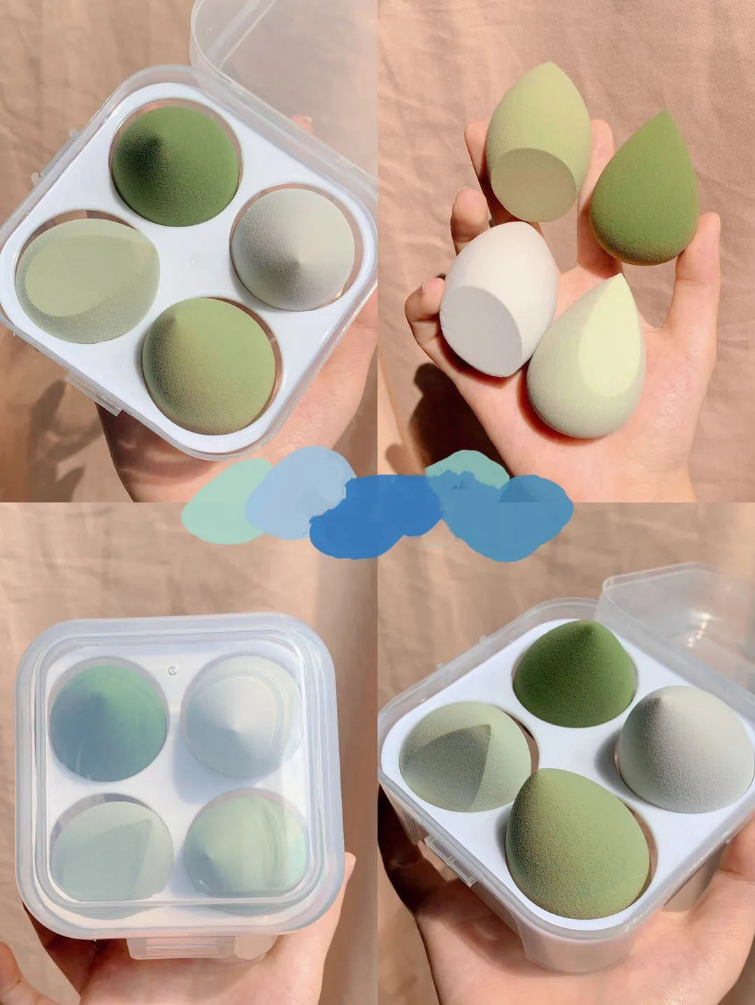 Four synthetic sponge makeup egg applicators in Grape, Mango, Mint, and Peach peach colours.