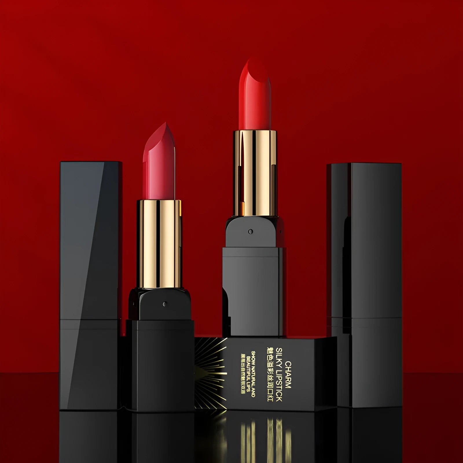 Gentle moisturising creamy lipstick in bullet form with eight colour swatches including red, cherry, plum, and rose bean paste