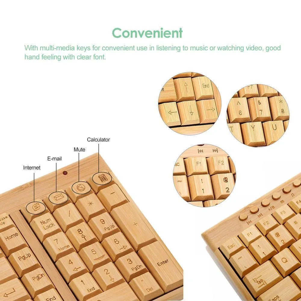 Bamboo wireless keyboard and mouse set on a wooden desk, natural finish, full-size keyboard and compact mouse