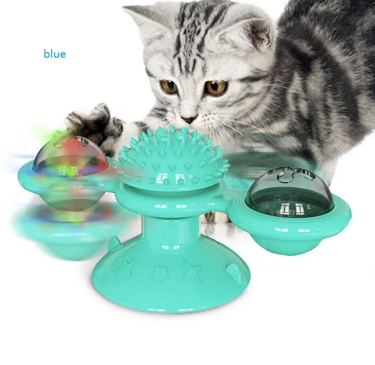 Cat rotating windmill toy with suction base on floor, two transparent bins, luminous ball, teeth grinding function, blue yellow green colour