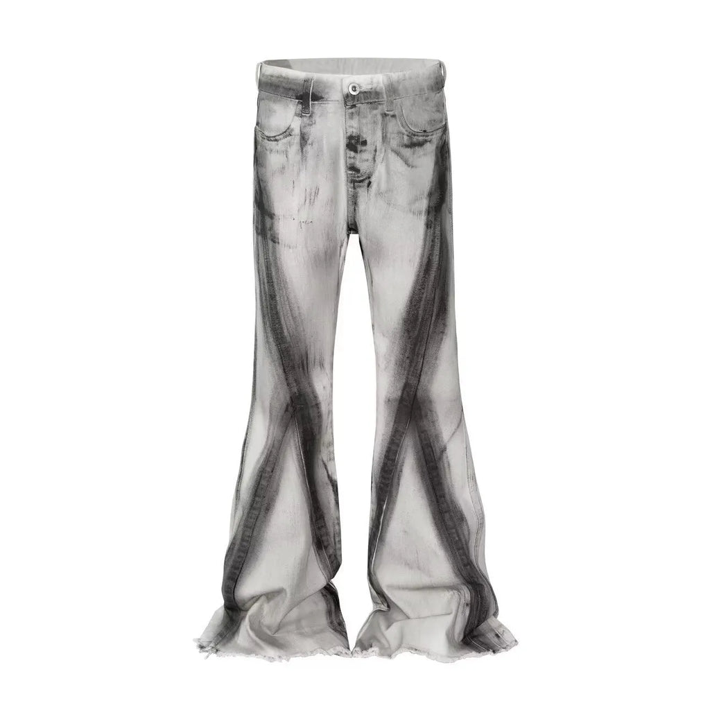 White mid-waist cotton denim jeans with heavy selvedge detailing and black ribbon gradient across legs