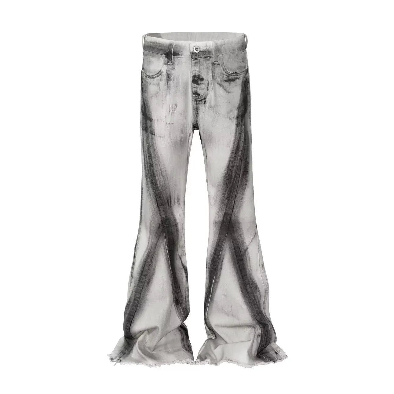 White mid-waist cotton denim jeans with heavy selvedge detailing and black ribbon gradient across legs