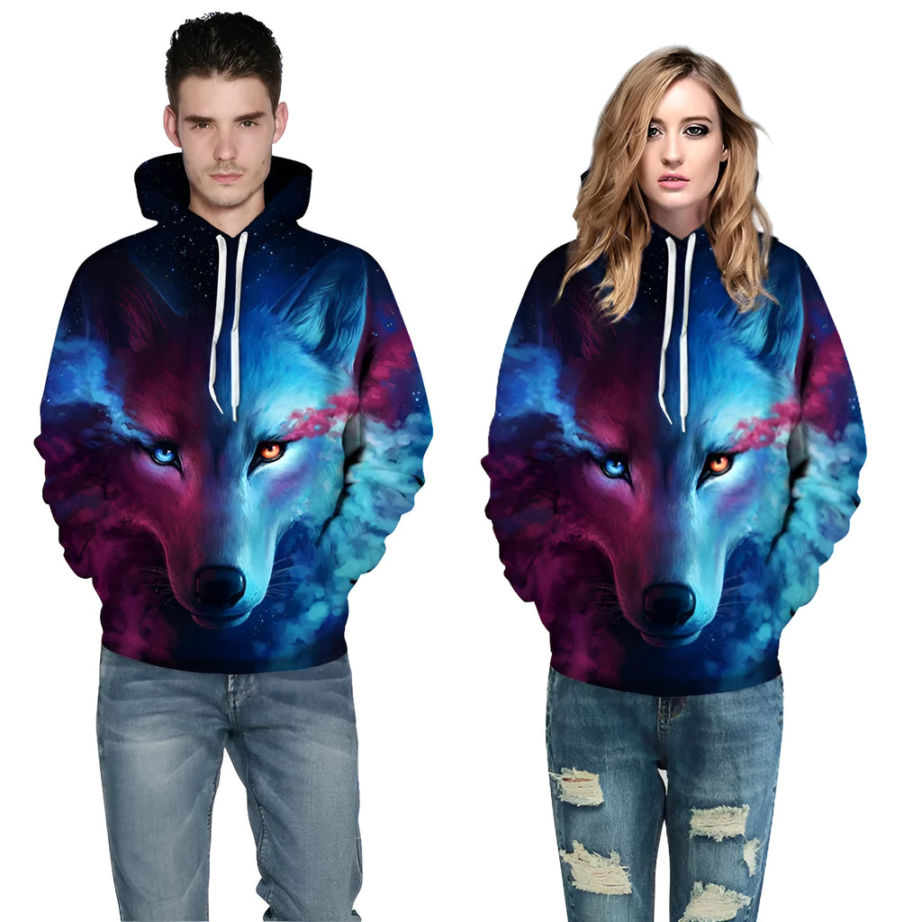 Mr 1991INC space galaxy sweatshirt with wolf print on front, available in sizes S to 5XL for men and women