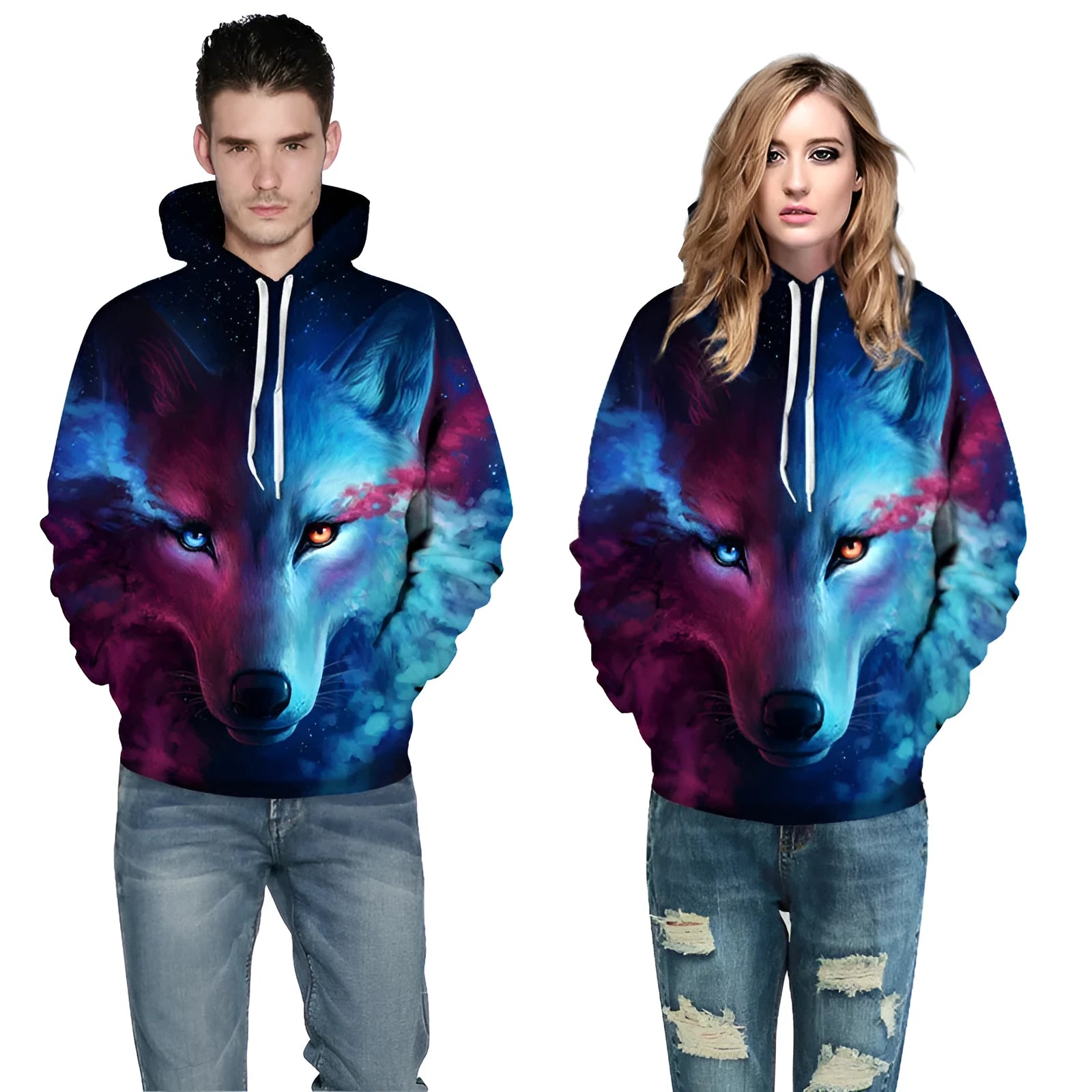 Mr 1991INC space galaxy sweatshirt with wolf print on front, available in sizes S to 5XL for men and women