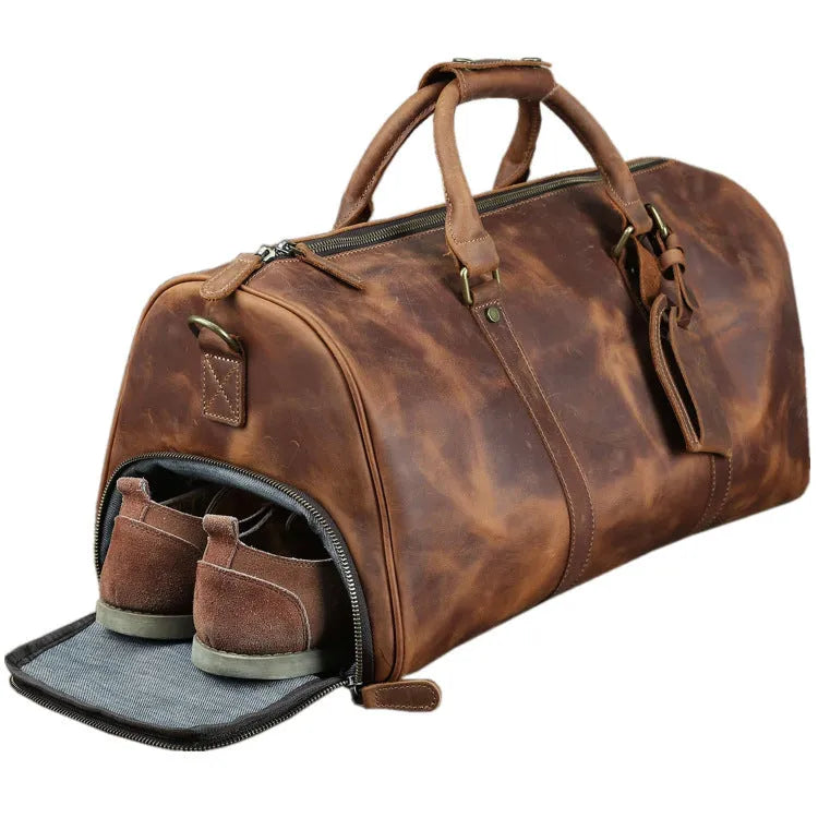 Men's crazy horse leather travel bag brown coffee 50cm length 25cm height