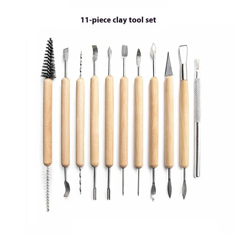 11-piece clay tools set with wooden handles and stainless steel ends arranged on a surface, blue bag option visible