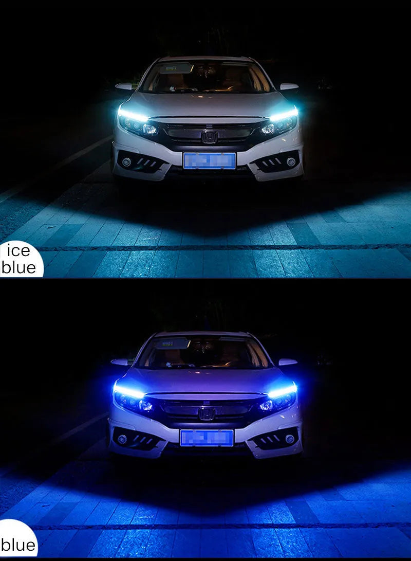 Car LED daytime running light strip in silicone waterproof casing with flowing turn signal effect