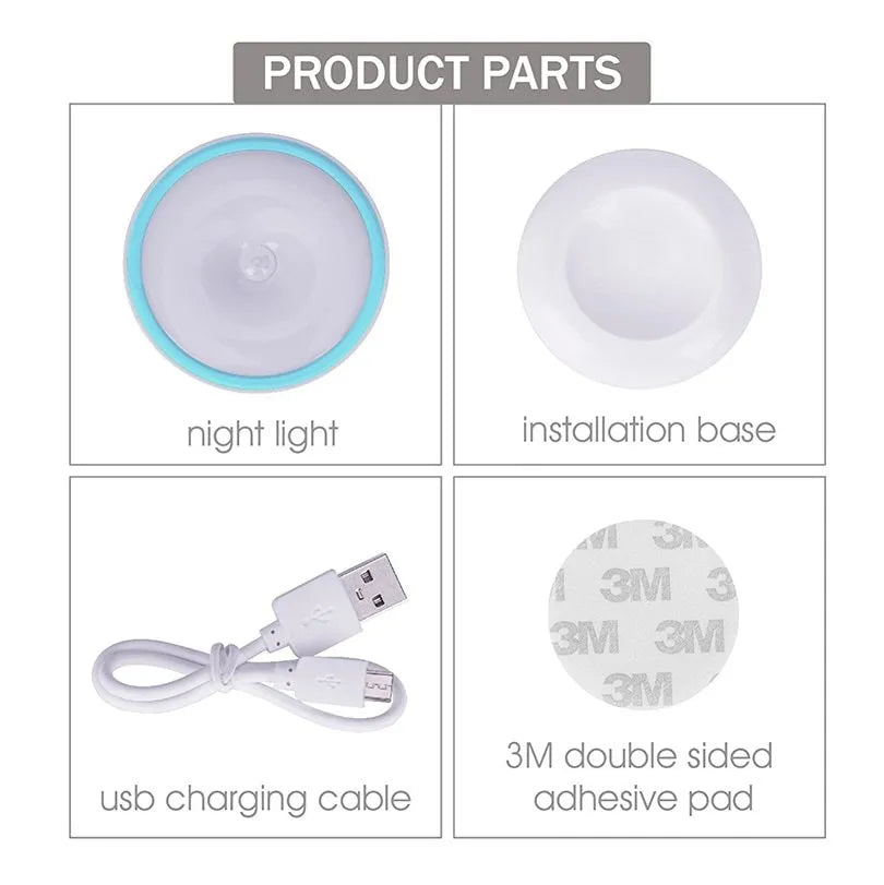 White 360-degree rotating LED human body induction night light with motion sensor, 8.6cm diameter, on a flat surface