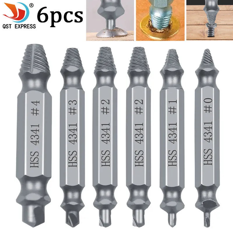 6-piece slip-tooth head screw remover set made from high speed steel 4341 on a workbench