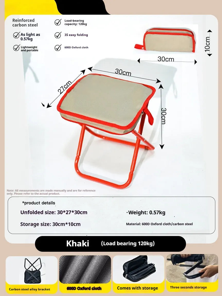 Lightweight foldable camp chair stool in Oxford fabric shown in a khaki colour.