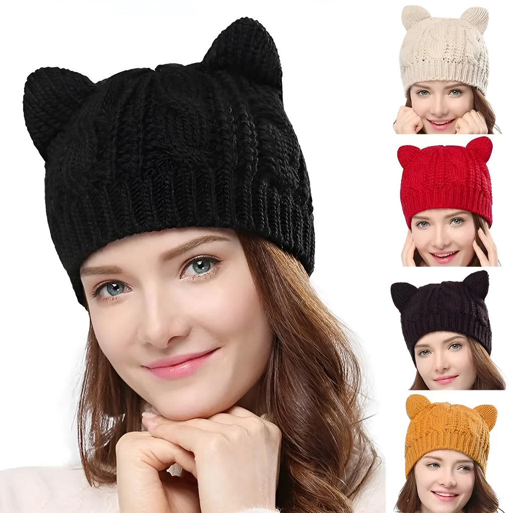 Hand made 3D knitted cat ear beanie in wool, shown in multiple colour options including red, black and beige.