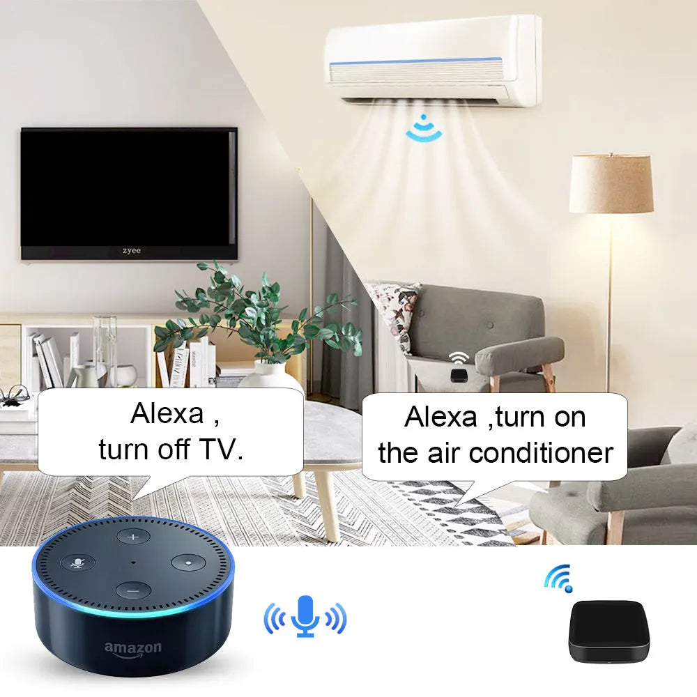 Black universal infrared remote control with voice control and WiFi connectivity