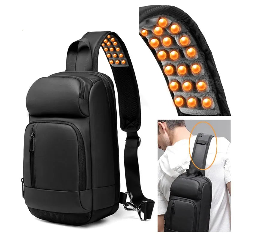 Black medium-sized PVC outdoor shoulder bag with a single strap and internal organiser pockets.
