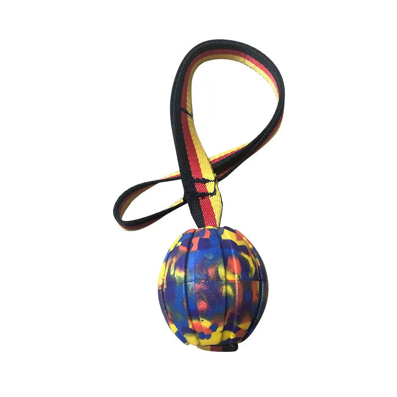 Floating camouflage and yellow EVA string ball dog toy shown in 6.5cm, 7cm and 9cm diameter sizes