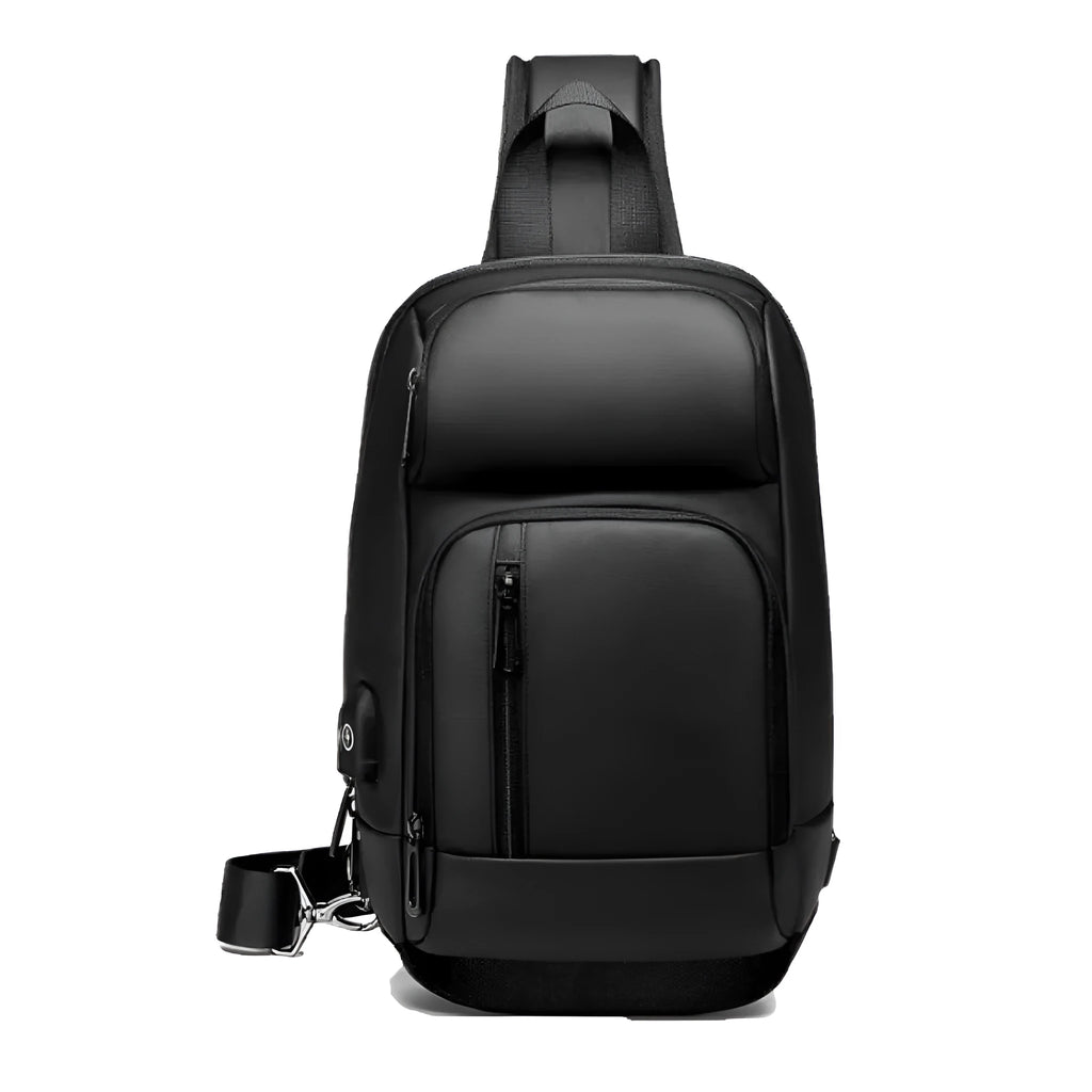 Black medium-sized PVC outdoor shoulder bag with a single strap and internal organiser pockets.