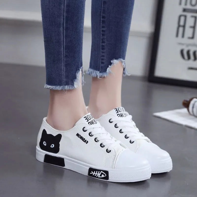 Cat fish print canvas shoes ladies slip-on casual sneakers pink black white sizes 35 to 40