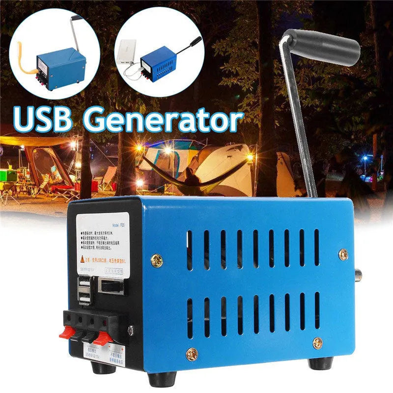 Blue metal hand crank emergency generator with USB port for charging devices
