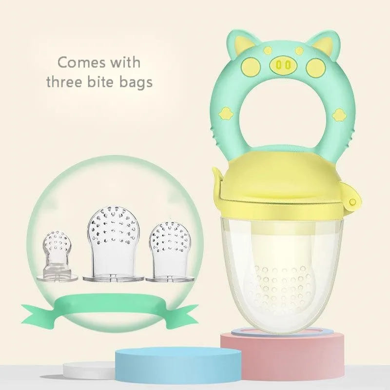 BPA-free silicone baby teether in blue, green, or pink colours showing single and triple mouthpiece design options