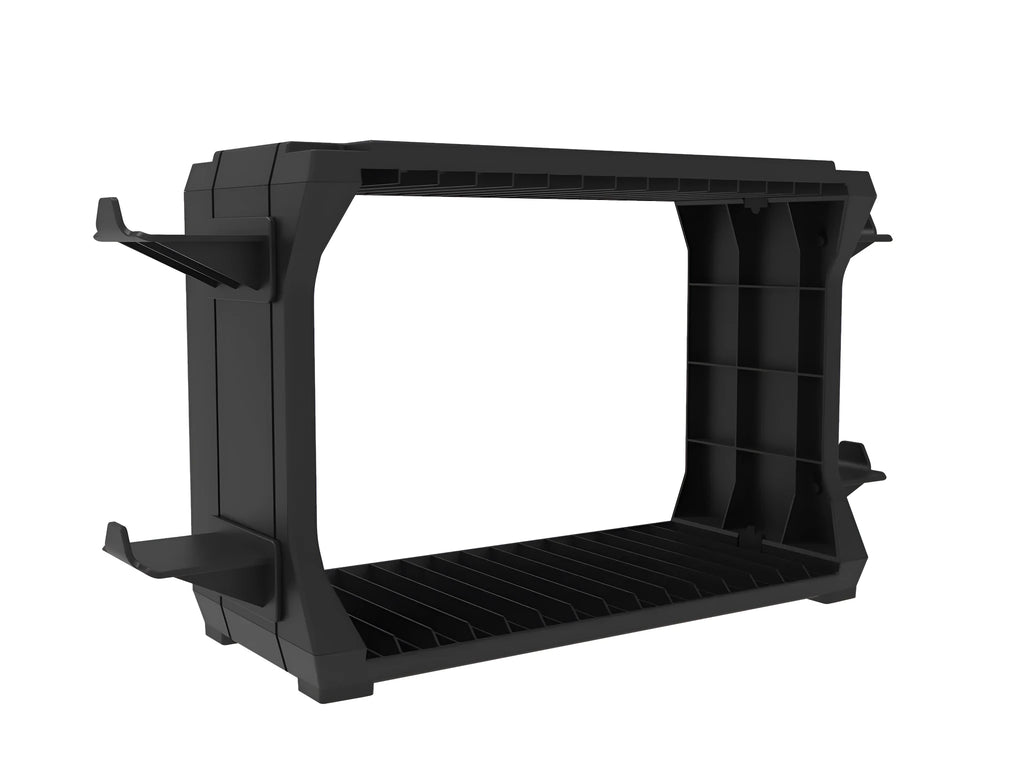 Black PS5 and Xbox Series X disc holder with controller stand organising multiple game discs