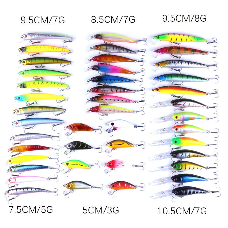 43-piece portable plastic fishing bait set with green, blue black, and red head lures in various sizes