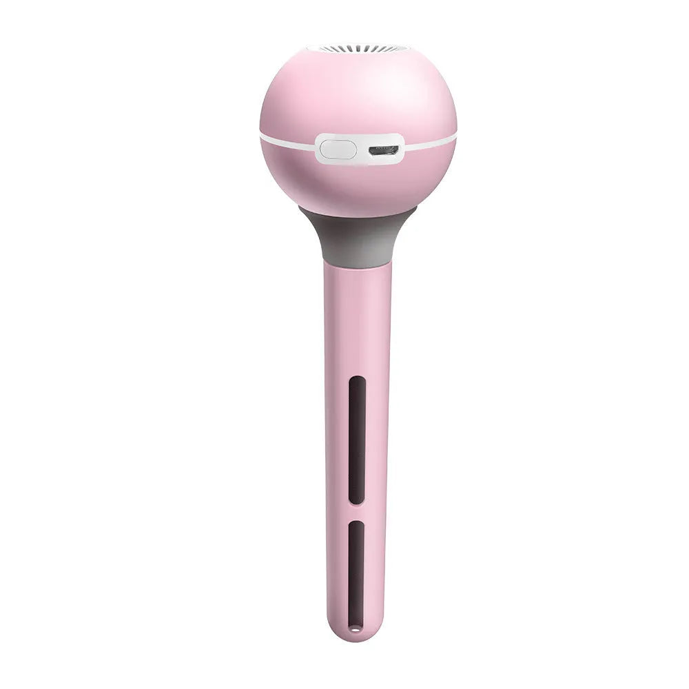 Pink and white columnar magic wand humidifier with USB cable and optional battery base