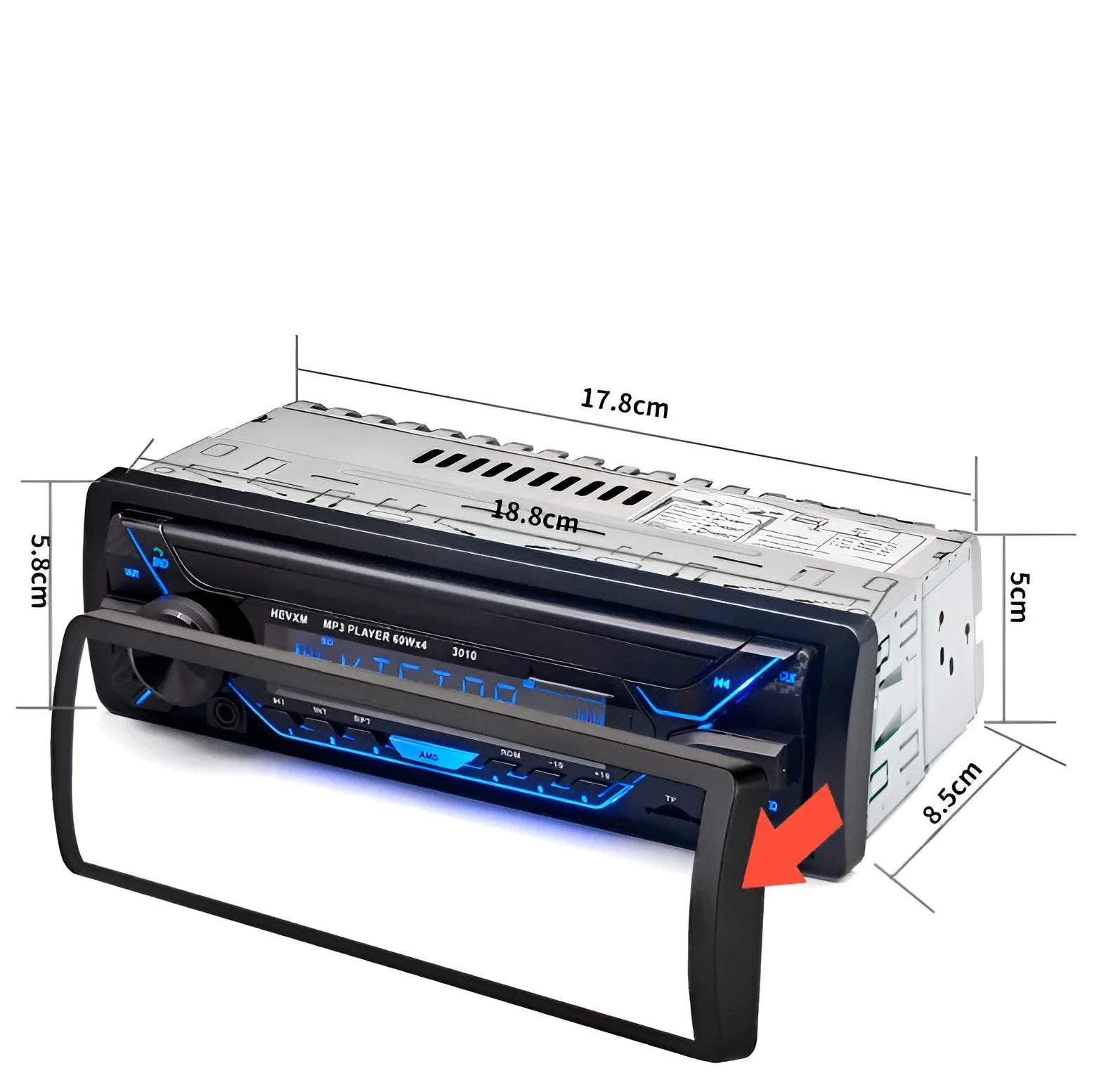 Car radio MP3 player with Bluetooth, USB port, TF card slot, LCD display, and front panel controls
