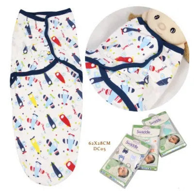 Cotton baby anti-startle swaddle wrap in blue with cartoon print, size 62x28 cm