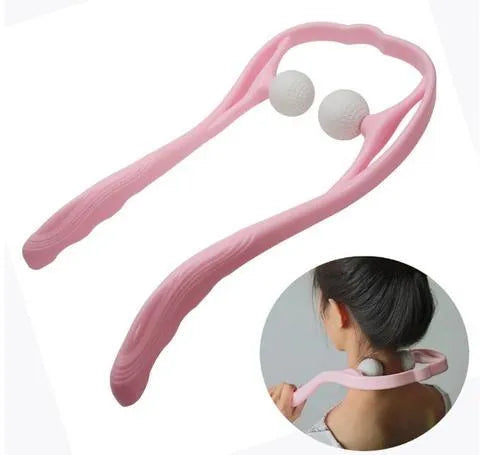 Blue plastic swan-shaped neck massager with hand roller and adjustable stand on a white background