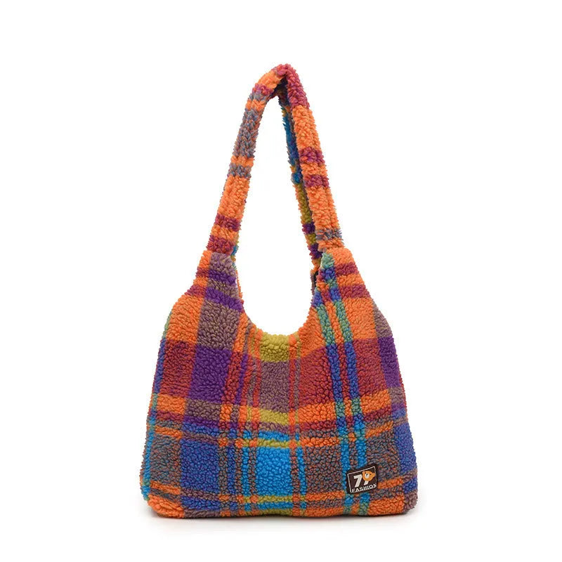 Women's plush plaid crossbody tote bag in Army Green colour showing large capacity and zippered compartment