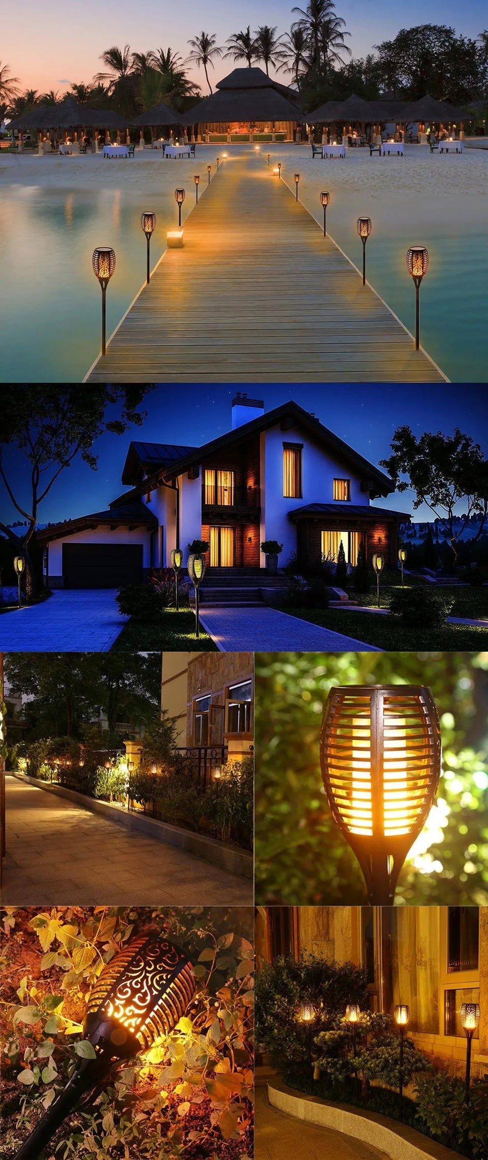 83cm tall black solar flame flickering lawn lamp with warm white LED dancing flame effect on grass