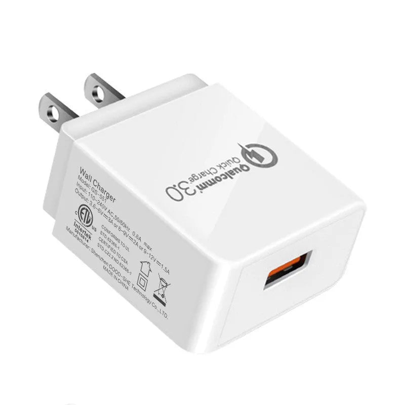 QC3.0 fast charger in bright black with two USB ports, PC fireproof material casing