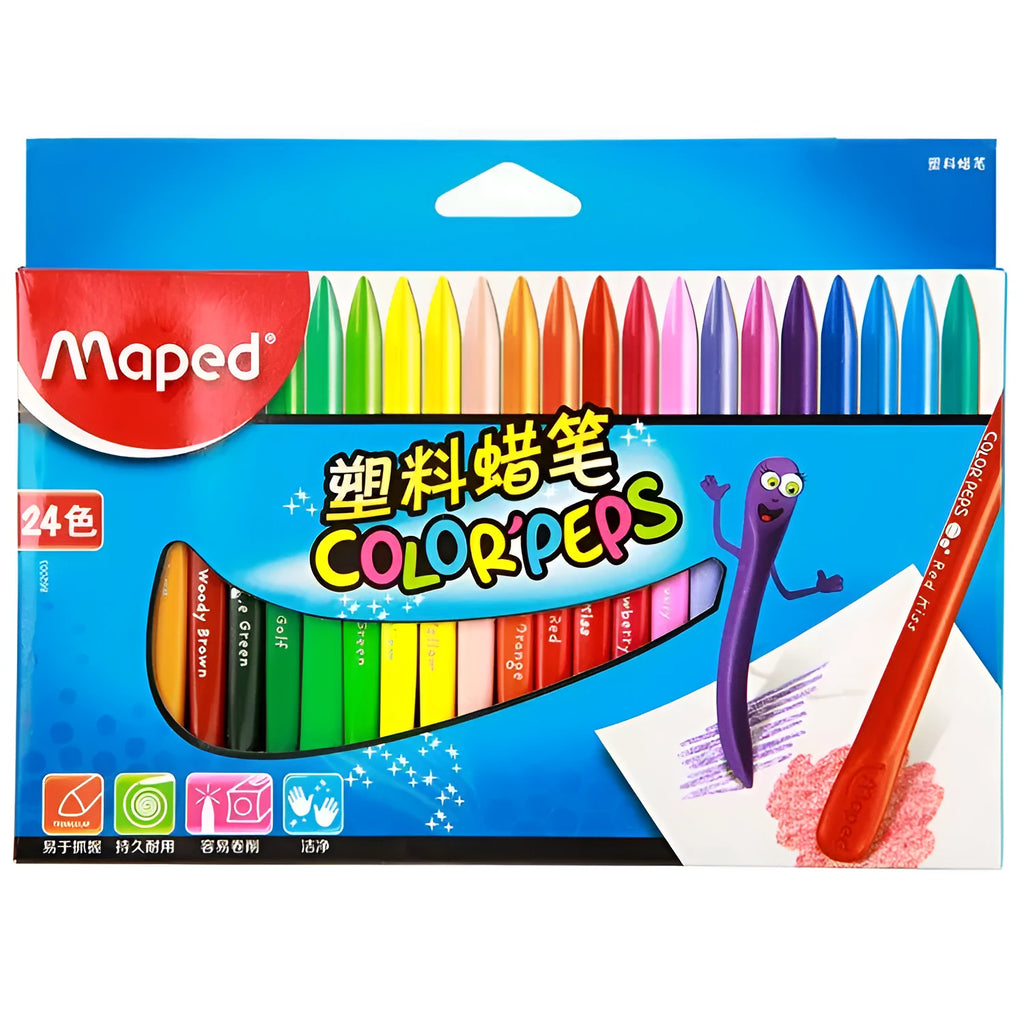 24 colour plastic crayons in a carton pack, each crayon 128mm in length
