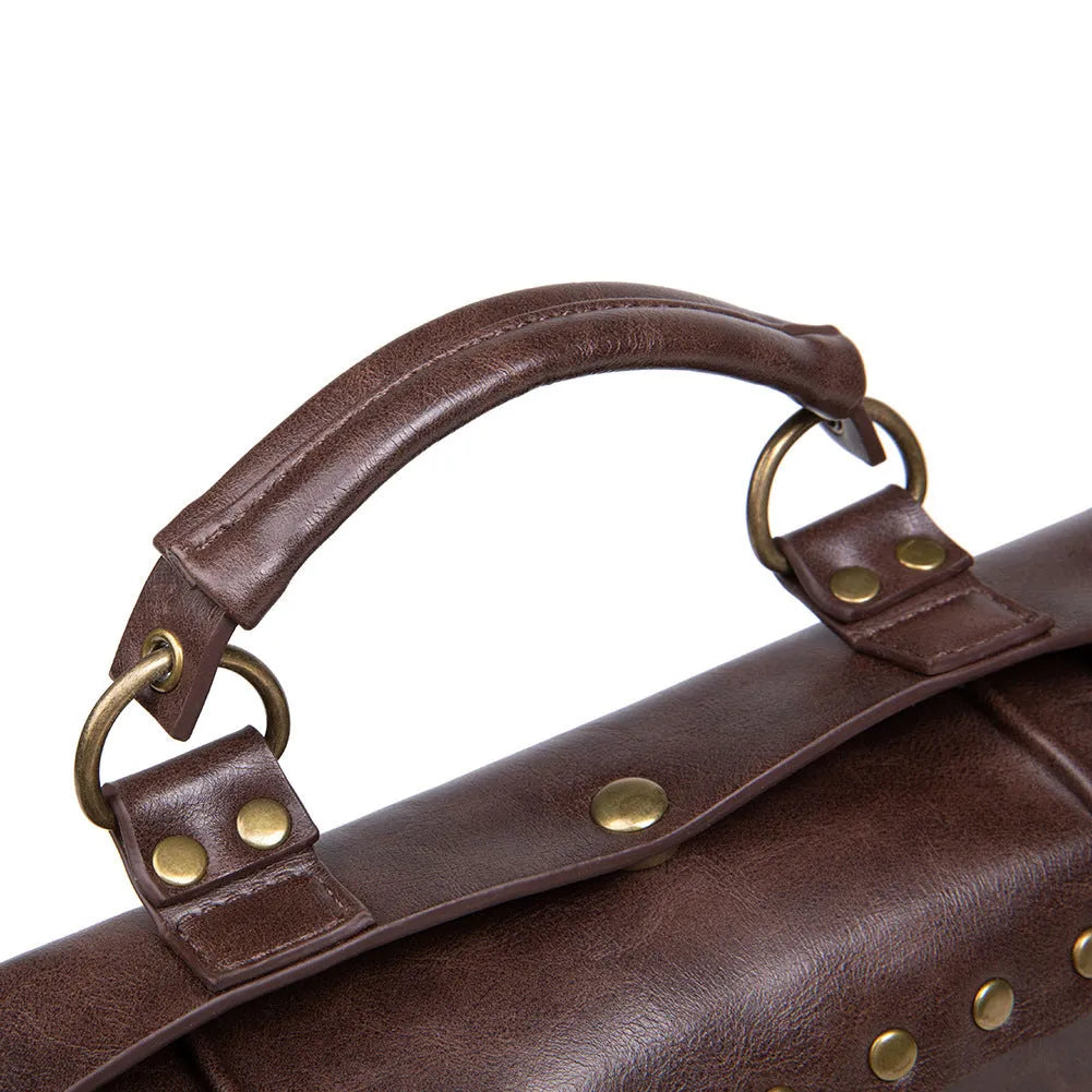 Bronze Steampunk industrial retro style PU leather shoulder bag with metal hardware.