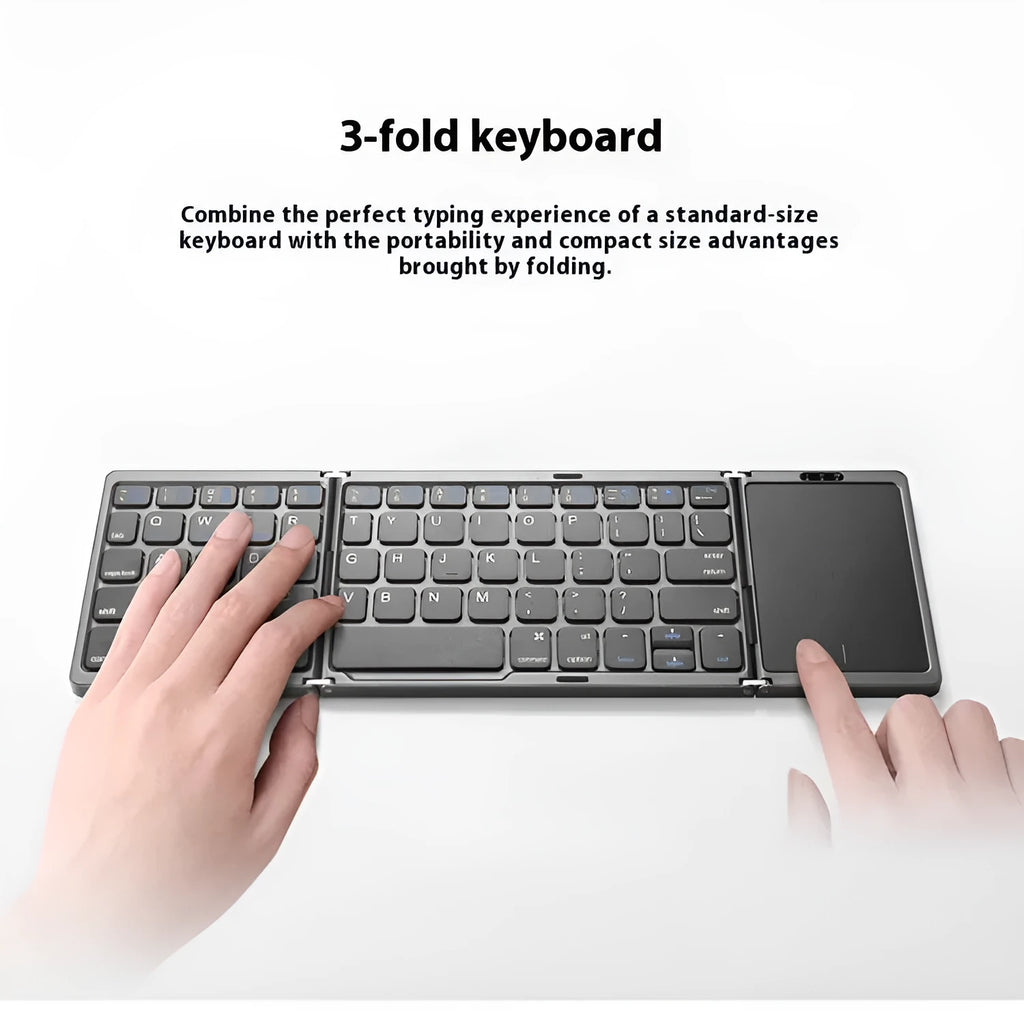 Three folding wireless Bluetooth keyboard with touch pad unfolded, black colour