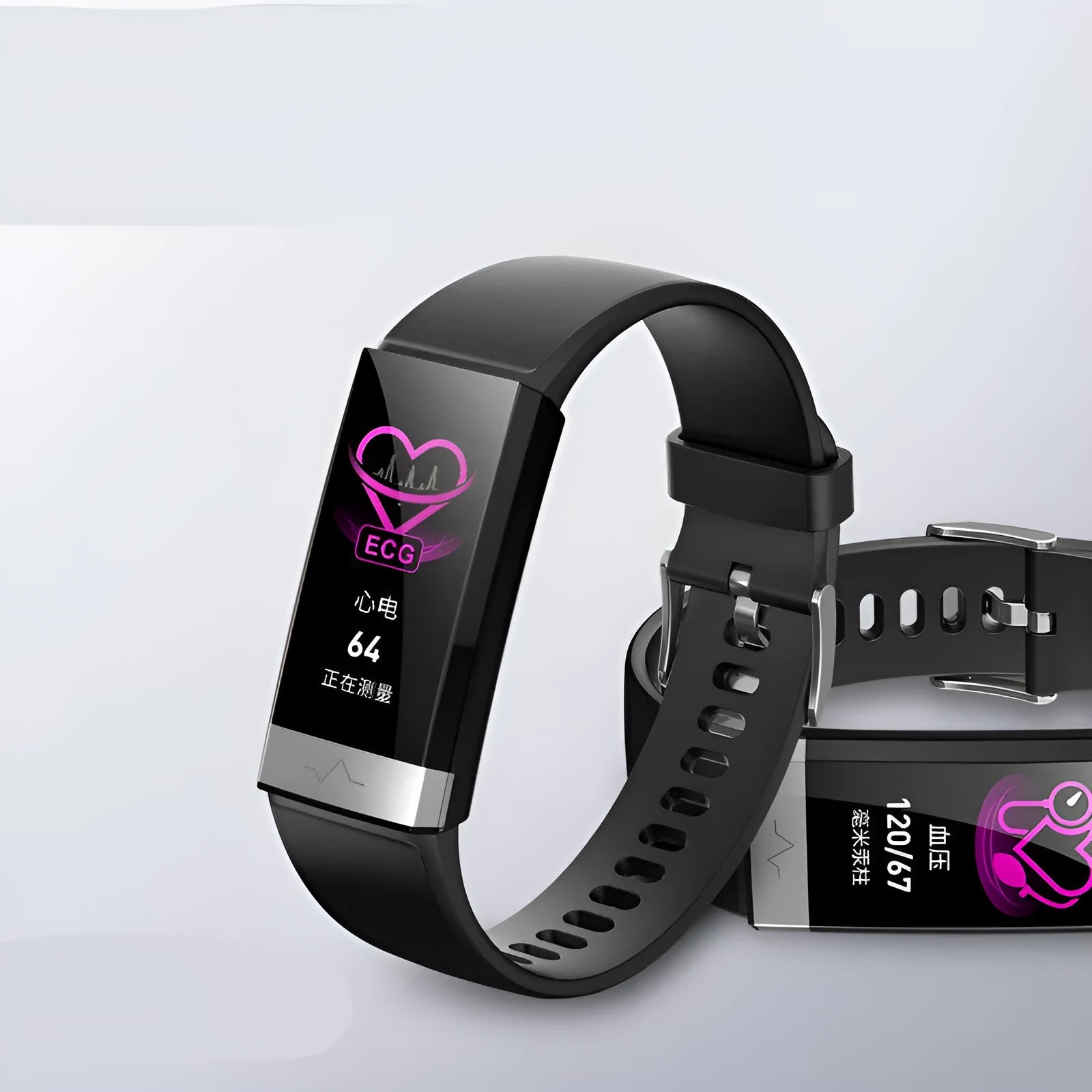 V19 smart health bracelet with colour screen and black TPU strap, showing ECG monitoring interface.