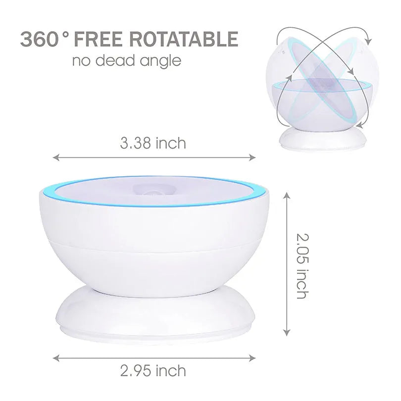 White 360-degree rotating LED human body induction night light with motion sensor, 8.6cm diameter, on a flat surface