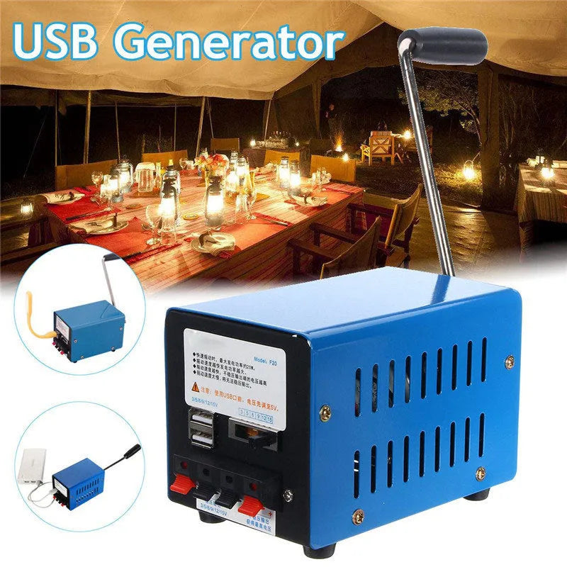 Blue metal hand crank emergency generator with USB port for charging devices