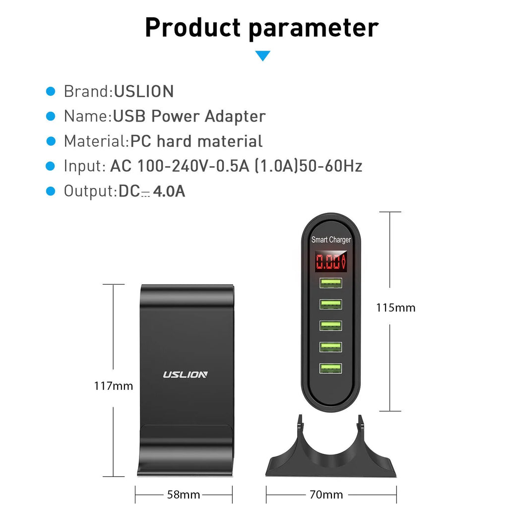 Smart LED digital display USB charger in black or white with choice of plug styles