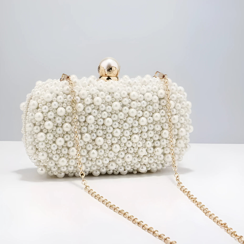 Small pearl dinner bag in solid colour, ABS material, polyester, with single handle and cover-type opening