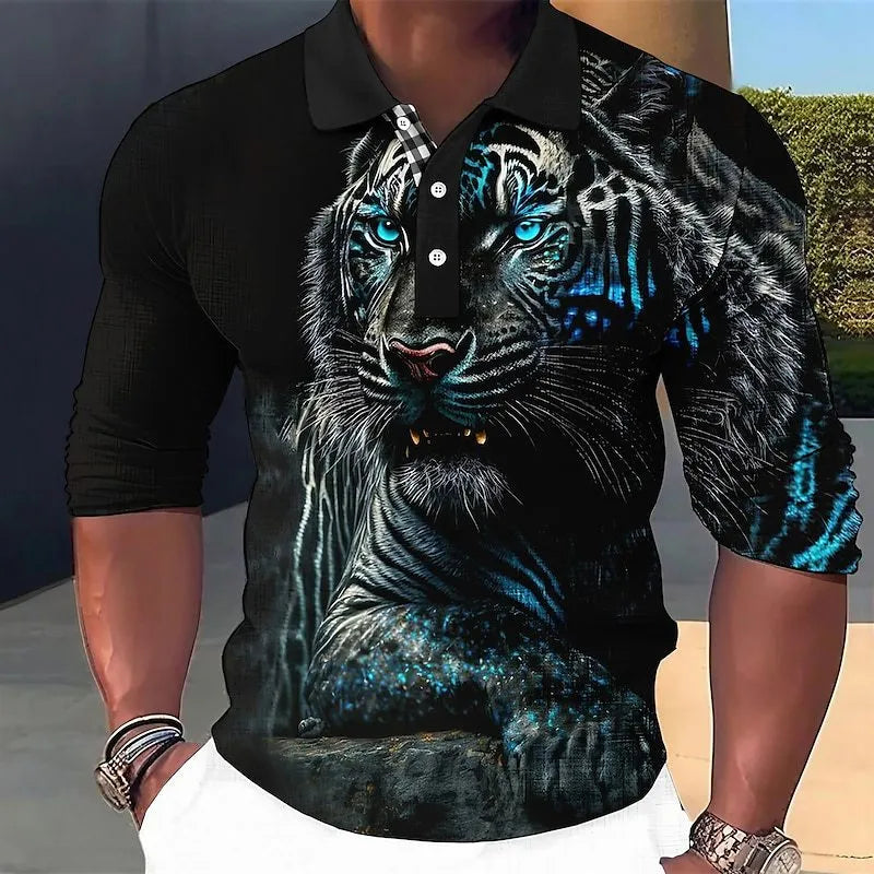 Long sleeve button-down polo shirt in loose fit with cartoon pattern and asymmetrical design