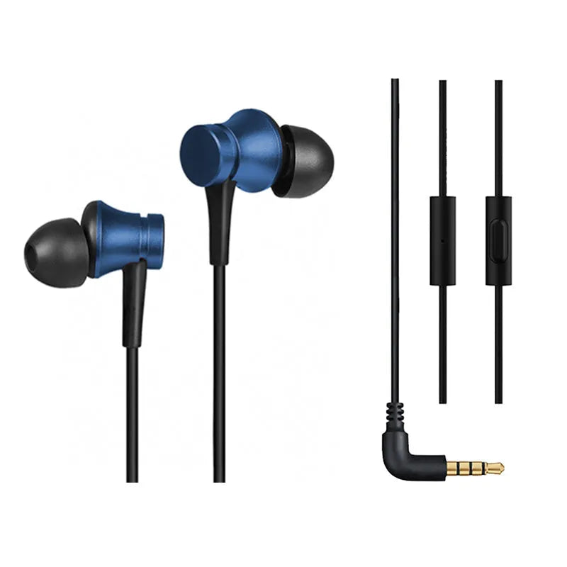 Piston in-ear wired headphones with 3.5mm plug in black, blue, and red colour options