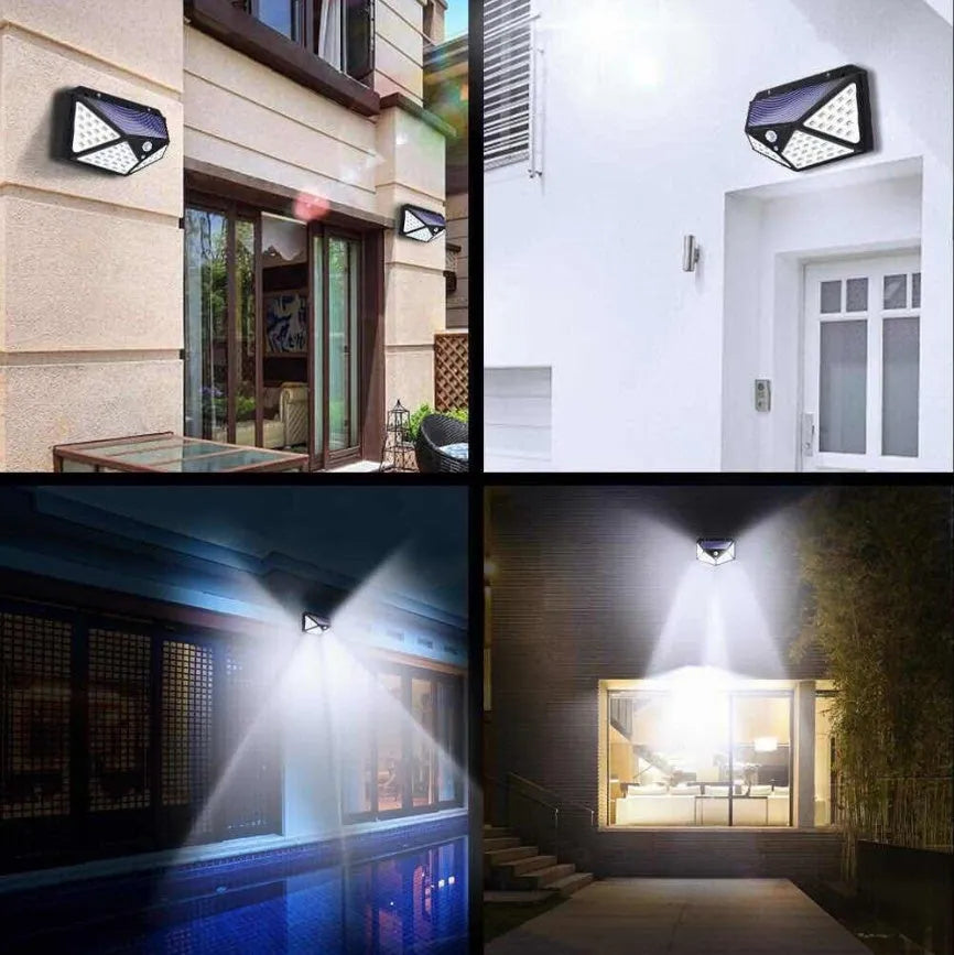 100LED solar PIR motion sensor wall lamp with 120 degree angle and 8-10m range for courtyard outdoor use