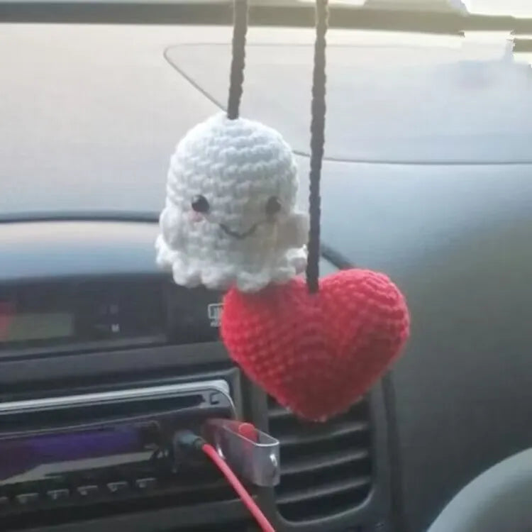 Plush hand-woven polyester automobile hanging ornament with cartoon style design on car dashboard