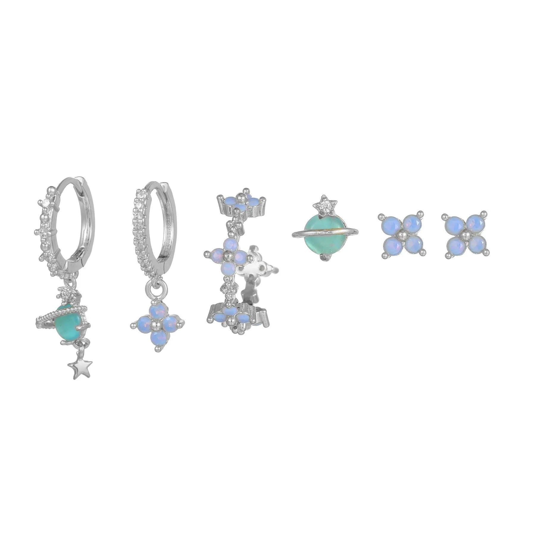 Japanese Korean style sweet girl flower earrings with blue protein flower nail and zircon detailing