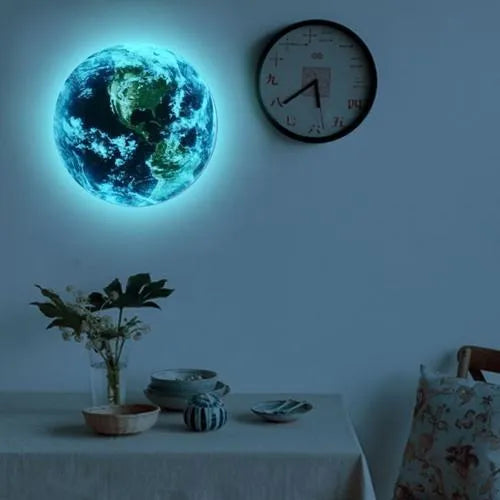 Glow in dark 3D Earth wall sticker showing luminous planet design on wall with astronomy theme