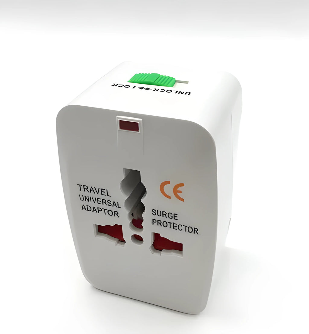 Universal travel socket adapter plug with compact dimensions for worldwide device charging