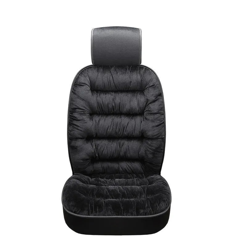 Universal winter warm plush car seat cushion set in beige, showing front seat cover with elastic fixings on a car interior