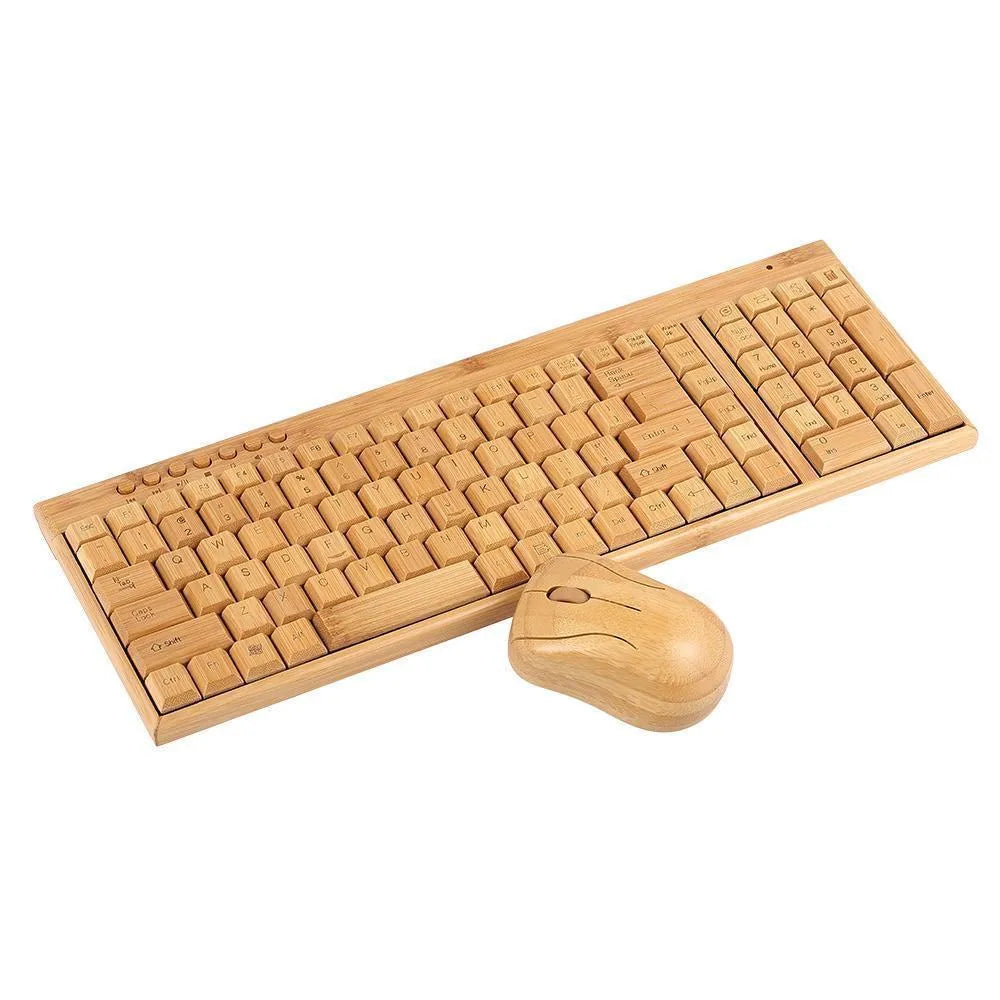 Bamboo wireless keyboard and mouse set on a wooden desk, natural finish, full-size keyboard and compact mouse
