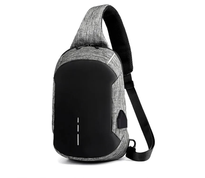 Small dark blue Oxford cloth chest bag with zipper closure showing internal phone compartment